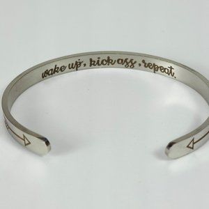 Inspirational "Wake Up, Kick Ass, Repeat" Silver Tone‎ Cuff Bracelet